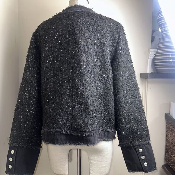 NWT Nanette Lepore Black Sequined Boucle’ Frayed Denim Trim Jacket Tweed Blazer - Picture 7 of 12